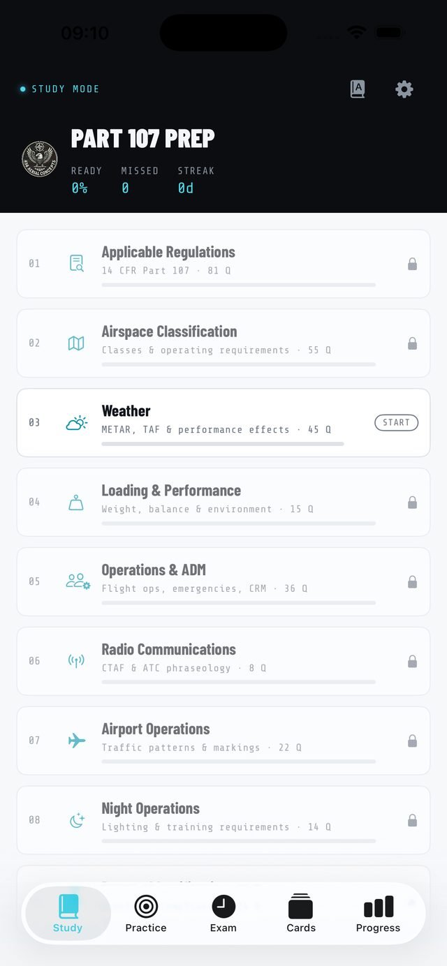 107 Ready study home screen showing the nine exam categories