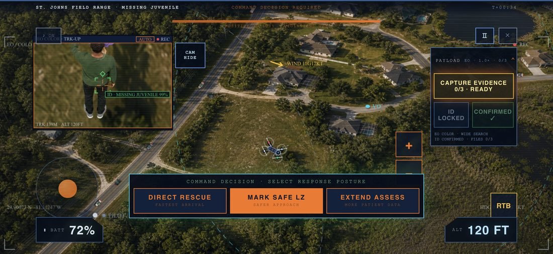 Vector Sentinel command decision screen during a missing-juvenile mission